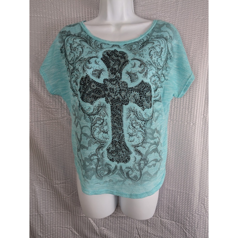Vocal Womens Turquoise Rhinestone Cross Burnout Knit Top Boho Western USA